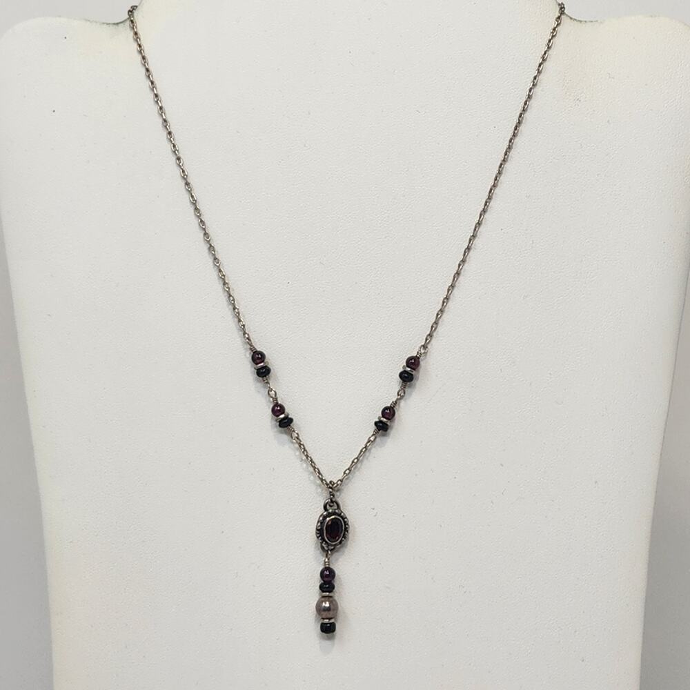 Red Crystal Silver Tone Metal Bead Y Drop Chain Necklace Artisan Handmade